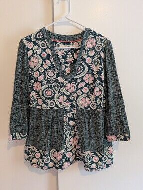Boden Floral Print V-Neck Women's Top - Pink & Dark Green Mixed Patterns Sz 12